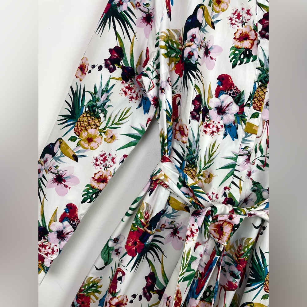 Per Una Parrot Print Belted Cotton Shirt Dress Long Midi UK 18 Roll Tab Sleeve - Picture 5 of 13